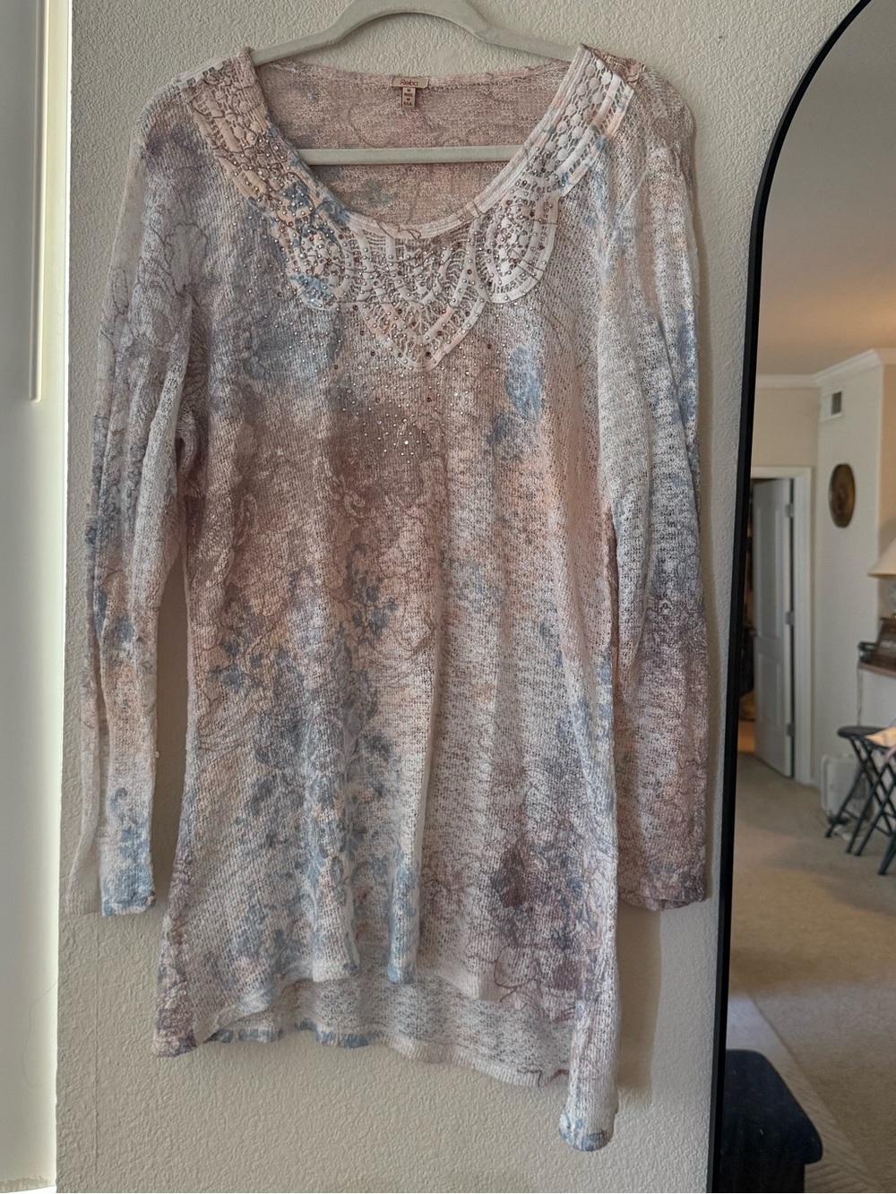 Whimsical Embellished Scoop Neck Lightweight Sweater - Blush Multi Reba M fairy
